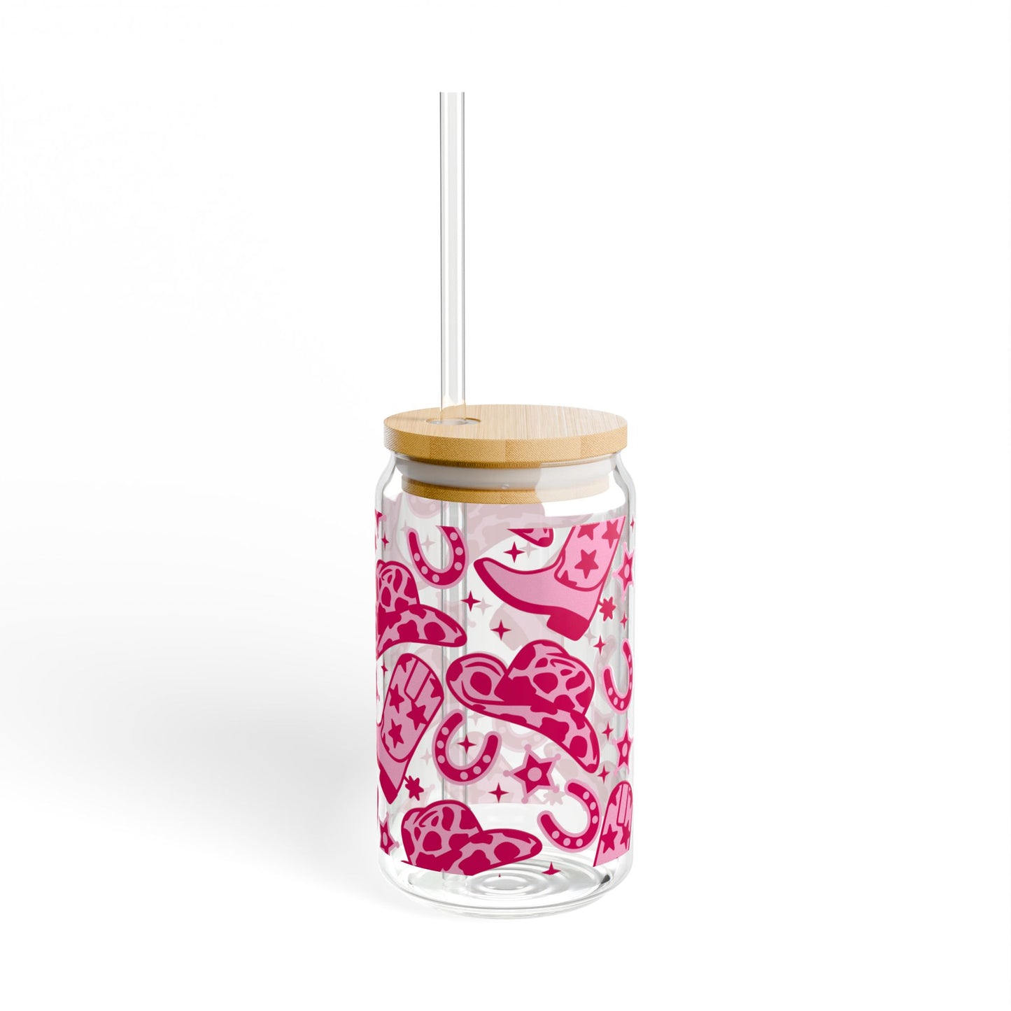 Pink Cowgirl Glass Cup with Straw β Aesthetic Tumbler with Bamboo Lid