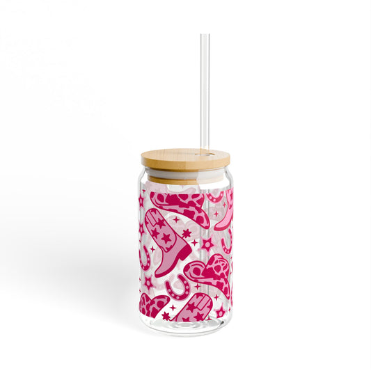 Pink Cowgirl Glass Cup with Straw β Aesthetic Tumbler with Bamboo Lid