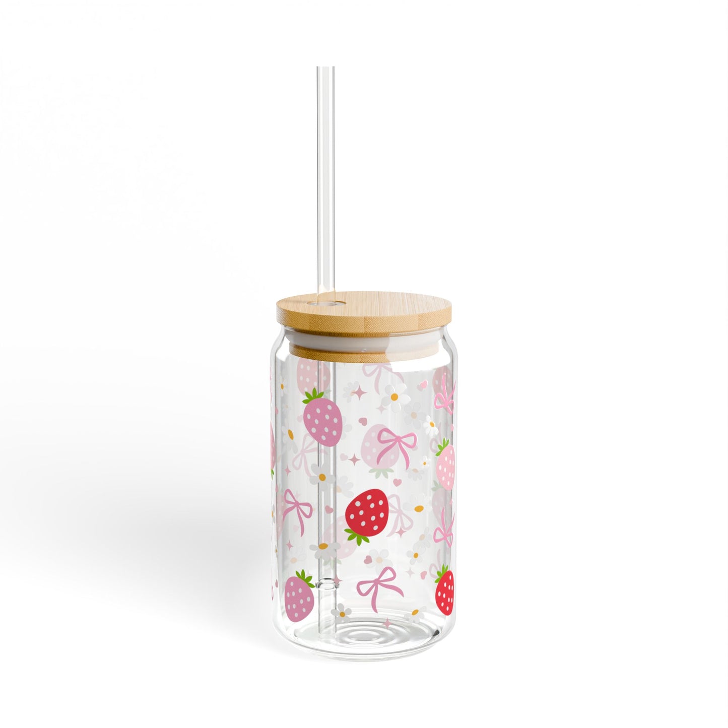 Strawberry Glass Cup with Straw – Aesthetic Soft Girl Tumbler with Bamboo Lid 16oz