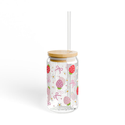 Strawberry Glass Cup with Straw β Aesthetic Soft Girl Tumbler with Bamboo Lid 16oz