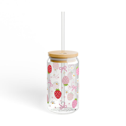 Strawberry Glass Cup with Straw – Aesthetic Soft Girl Tumbler with Bamboo Lid 16oz