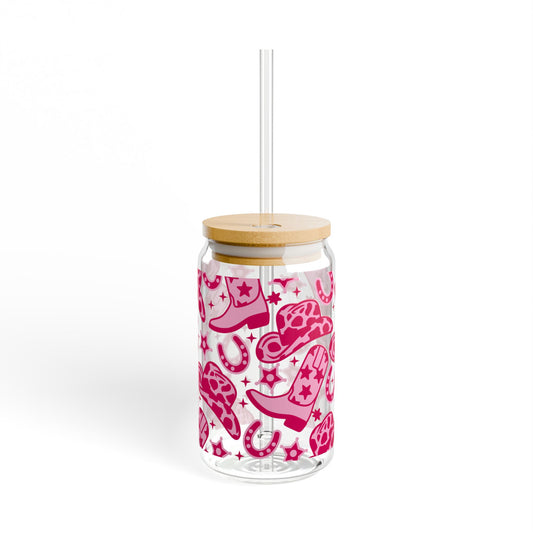 Pink Cowgirl Glass Cup with Straw – Aesthetic Tumbler with Bamboo Lid
